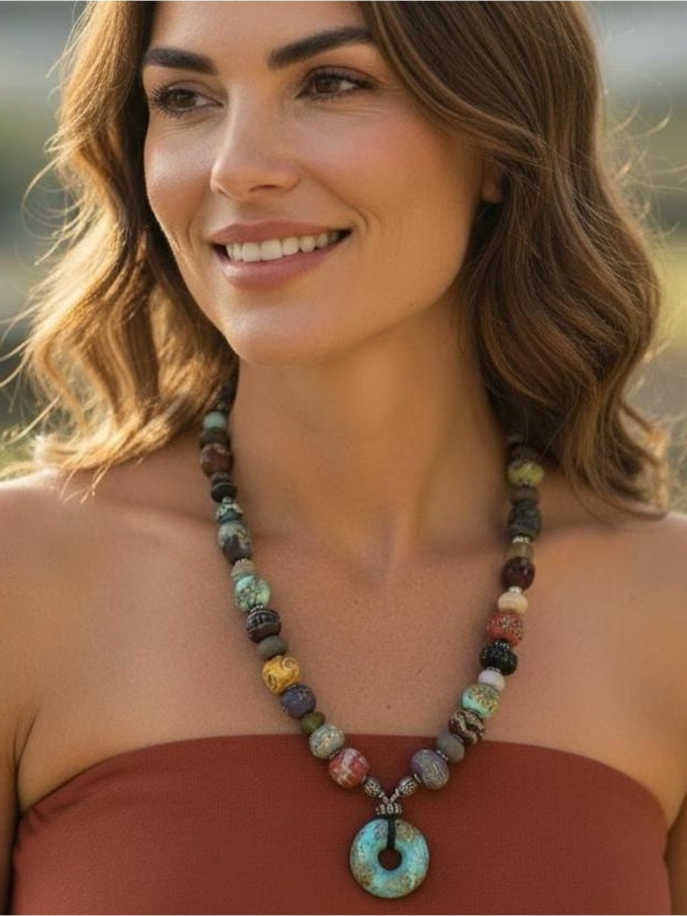Multicolored Beaded Necklace with Sterling Silver and Turquoise Glass Pendant